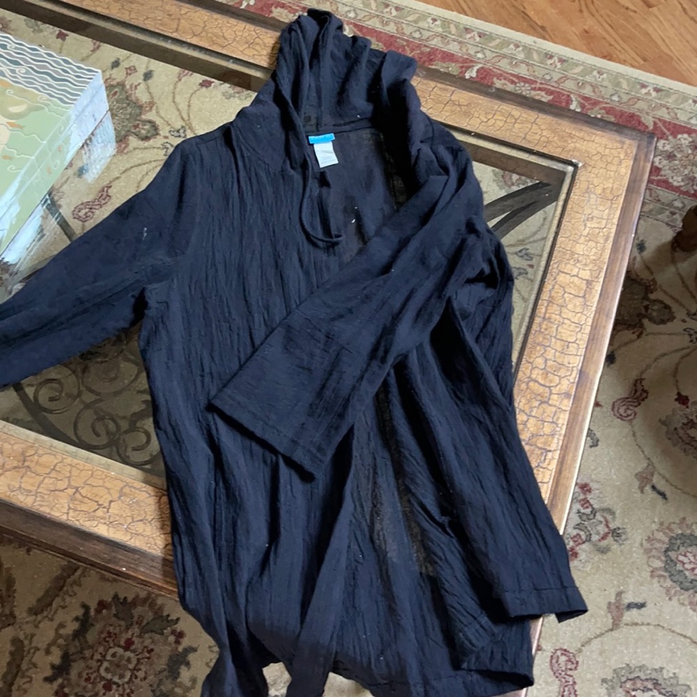 Hooded black bathing suit cover up